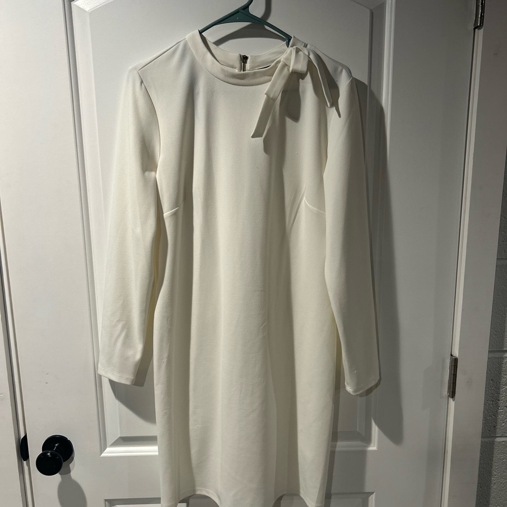 Nina Leonard Cream Long Sleeve Dress with Bow